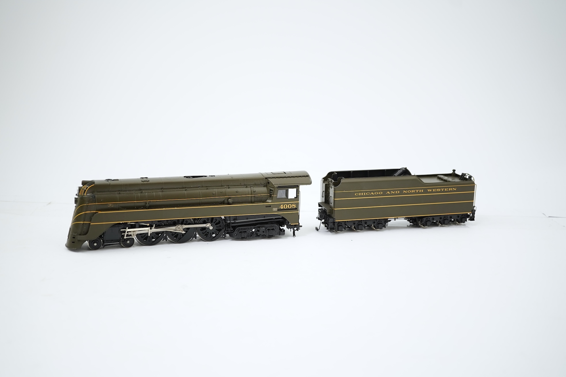 A boxed HO gauge Challenger Imports Ltd. model of Chicago and North Western Class E-4, 4008, streamlined 4-6-4 locomotive with bogie tender, powered for two rail operation.